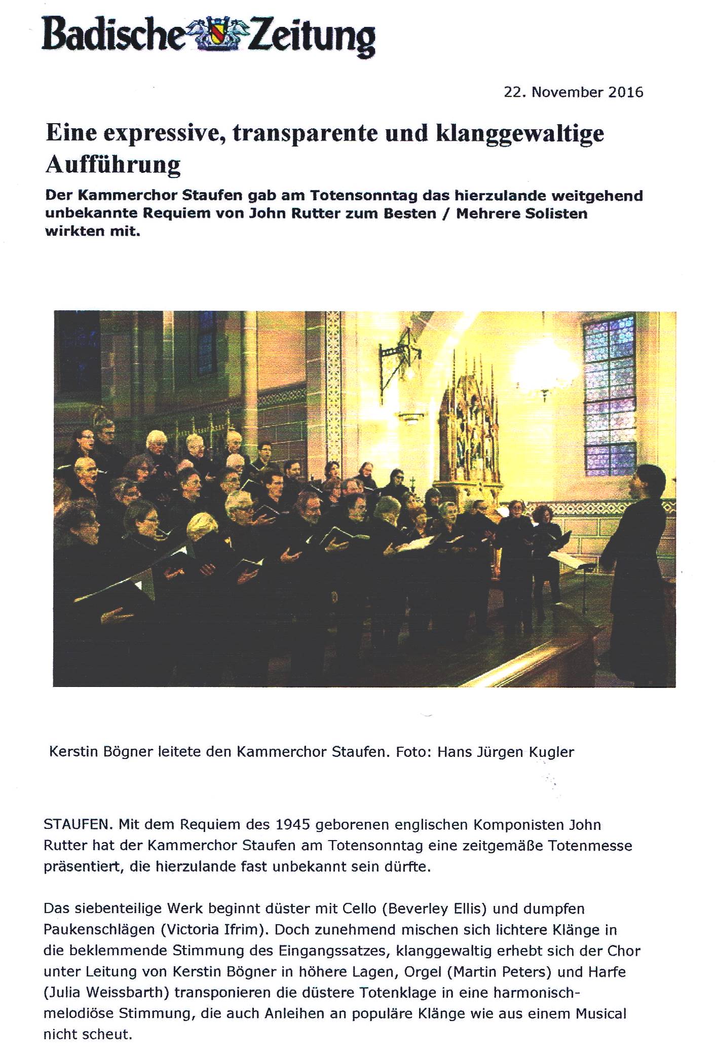 Badische Zeitung, Kammerchor Staufen, Rutter